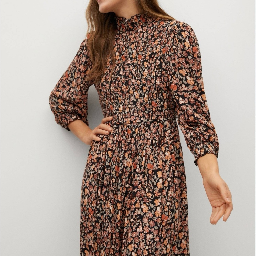 Mango floral smocked mock neck dress.